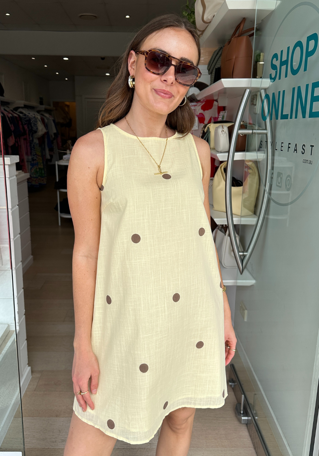 BY FRANKIE ZANA SHIFT DRESS - YELLOW/CHOC SPOT