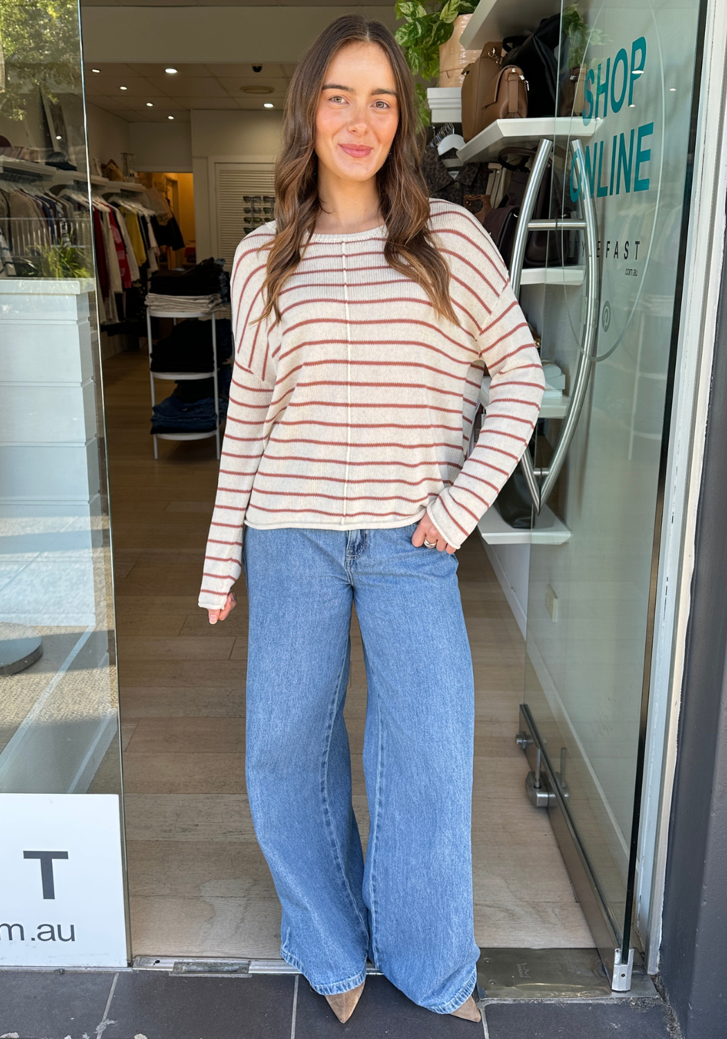 INDI LIGHTWEIGHT L/S KNIT TOP - OATMEAL/RUST STRIPE