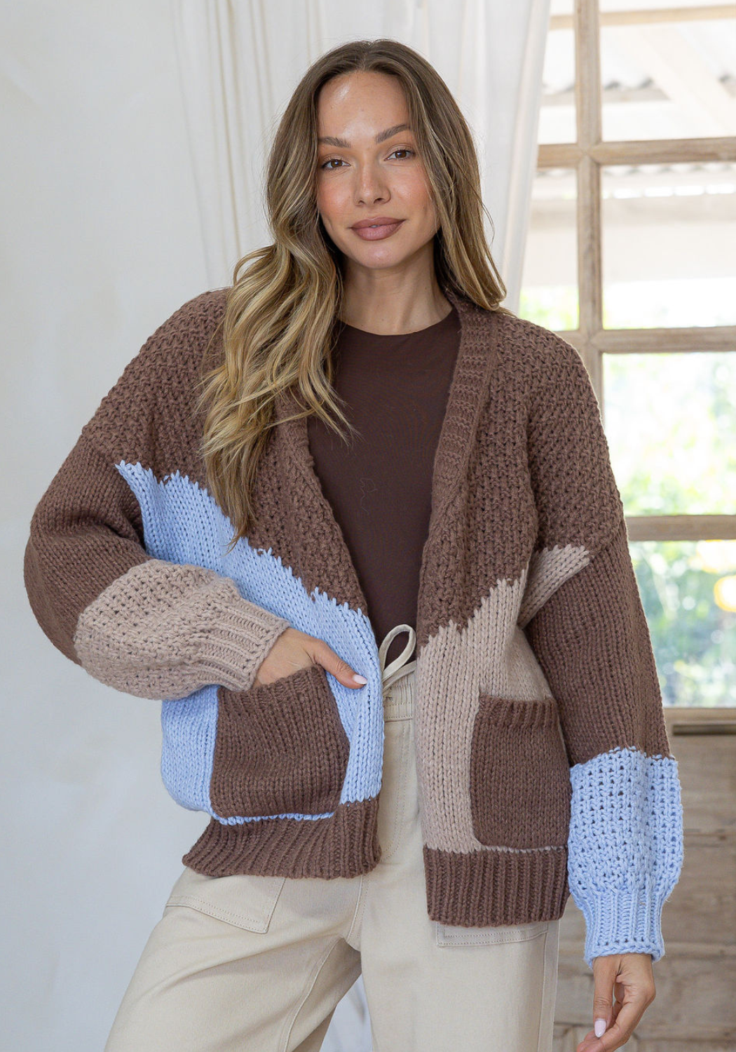 MAEVE KNIT CARDI - CHOC/BLUE