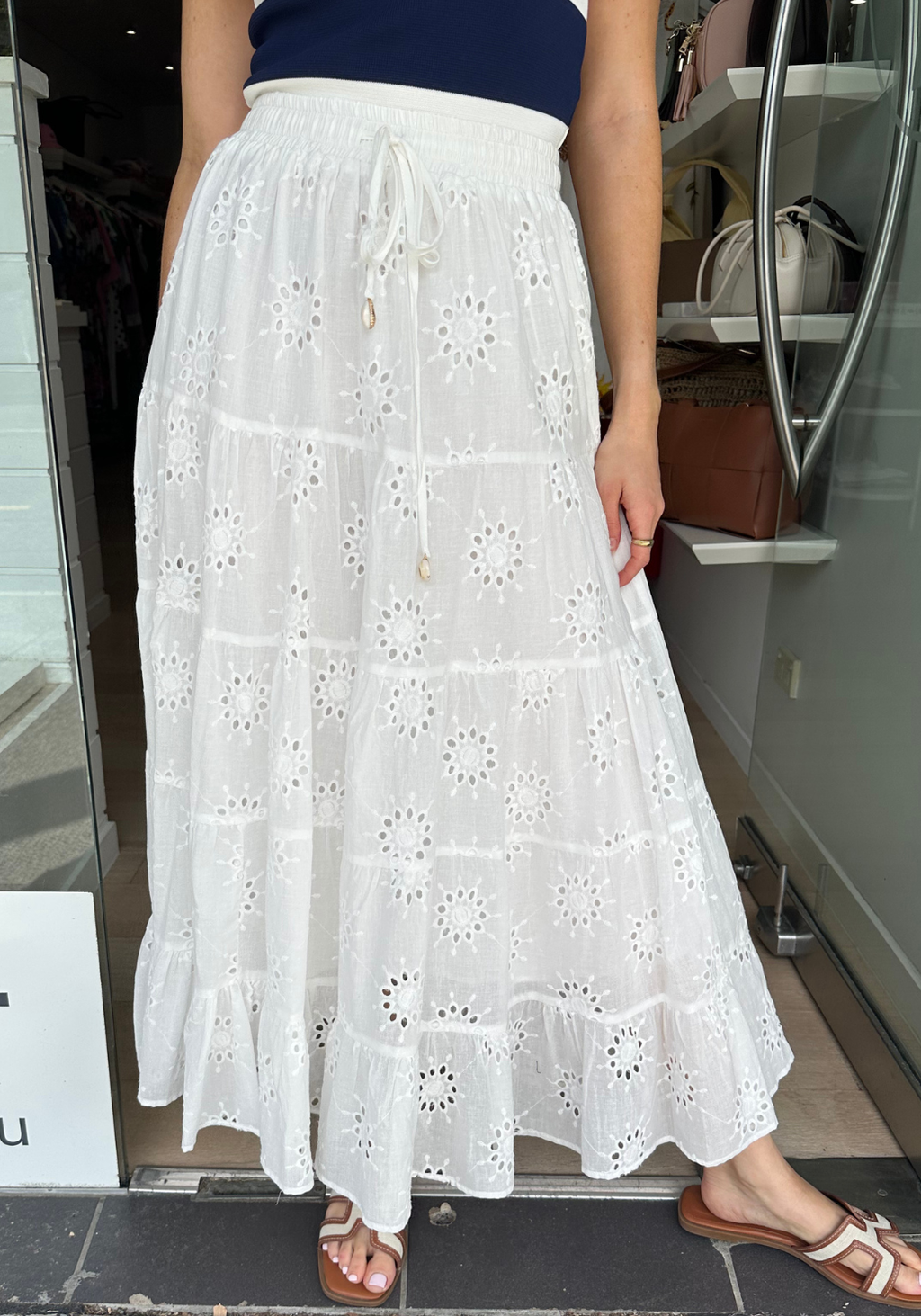 JOSIE TIERED MAXI SKIRT - WHITE ANGLAISE