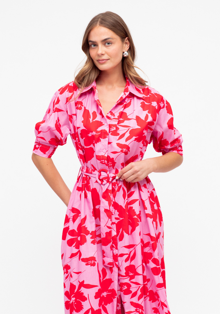 Load image into Gallery viewer, AVERY MIDI SHIRT DRESS - RED &amp; PINK PRINT