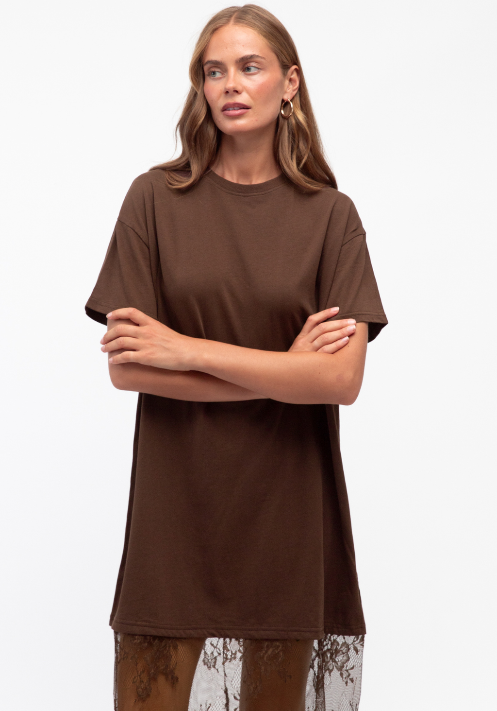 ANIKA LACE HEM TEE DRESS - CHOCOLATE