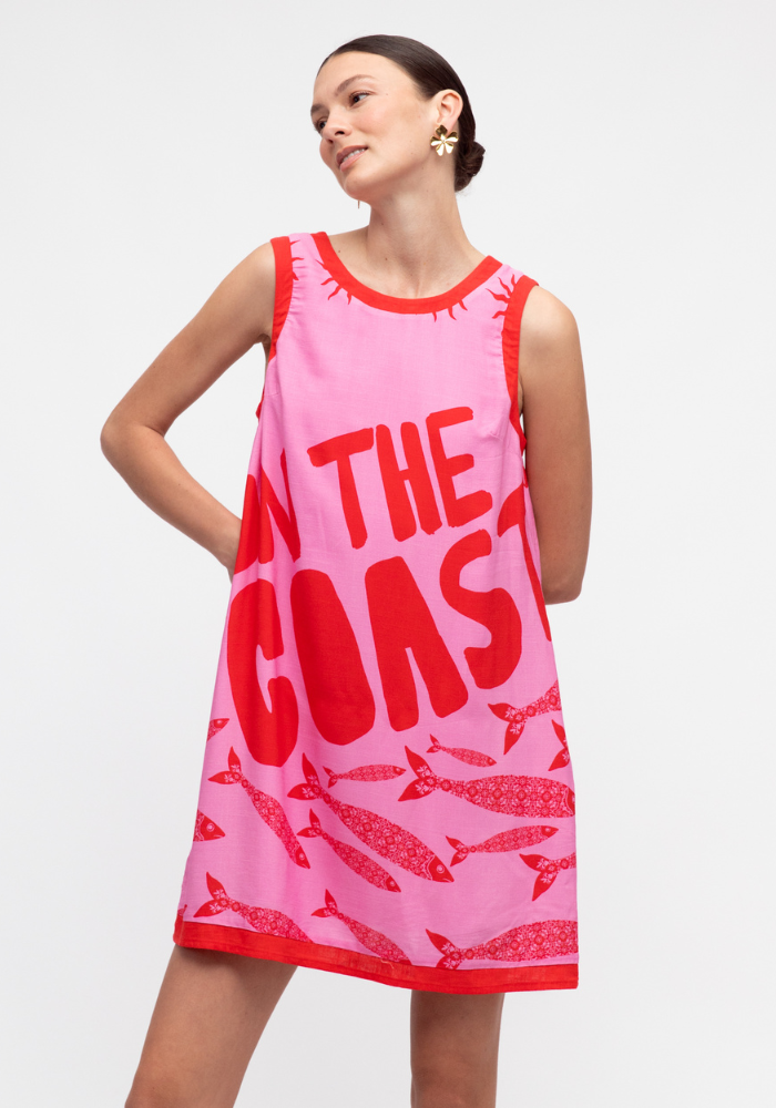 ON THE COAST MINI SHIFT DRESS - RED/PINK PRINT
