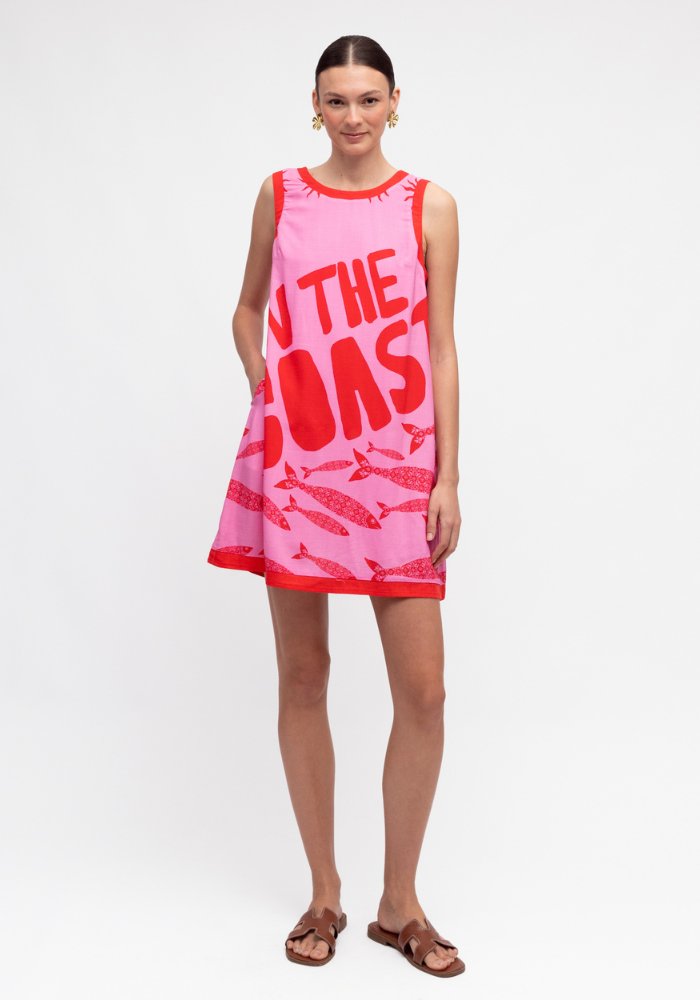 ON THE COAST MINI SHIFT DRESS - RED/PINK PRINT