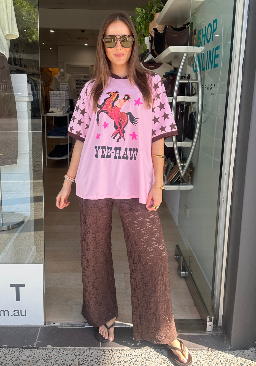 BY FRANKIE V NECK YEE HAW OVERSIZED TEE - PINK/CHOCOLATE