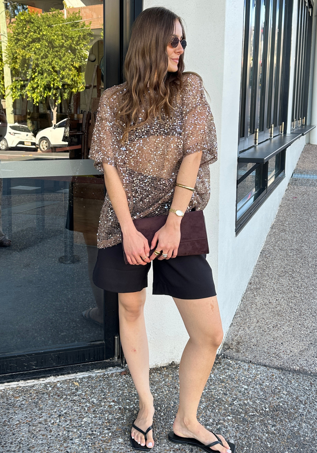 ELSIE SEQUIN TEE - MOCHA