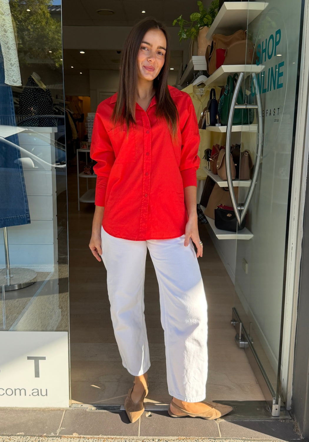 LUCY BUTTON THROUGH COTTON SHIRT - RED