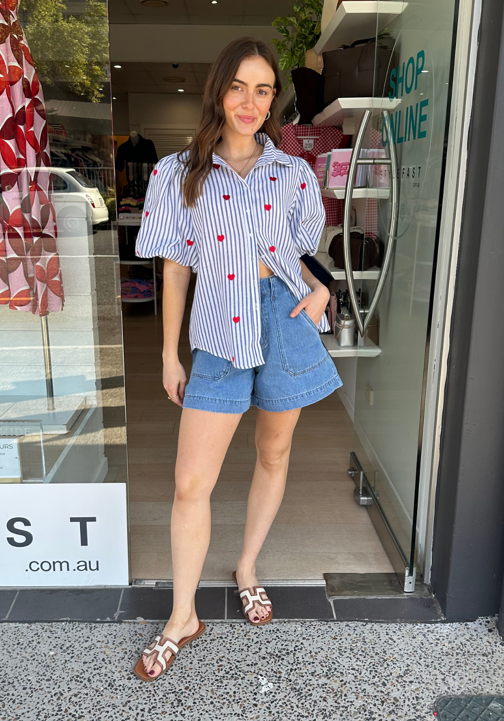 CARMEN BUTTON THROUGH BLOUSE - BLUE STRIPE