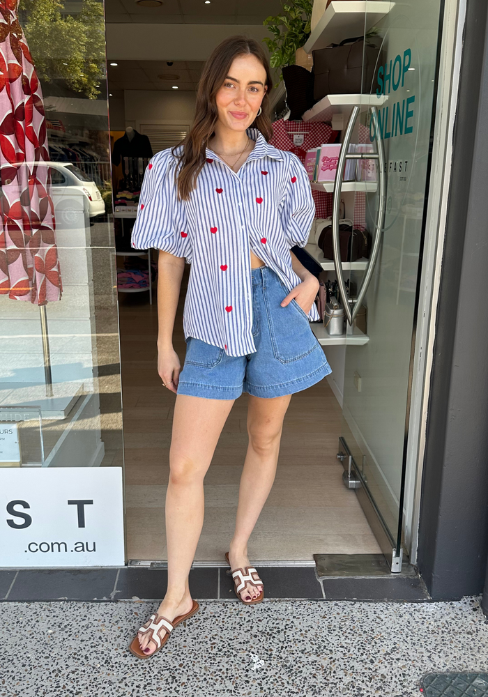 Load image into Gallery viewer, CARMEN BUTTON THROUGH BLOUSE - BLUE STRIPE