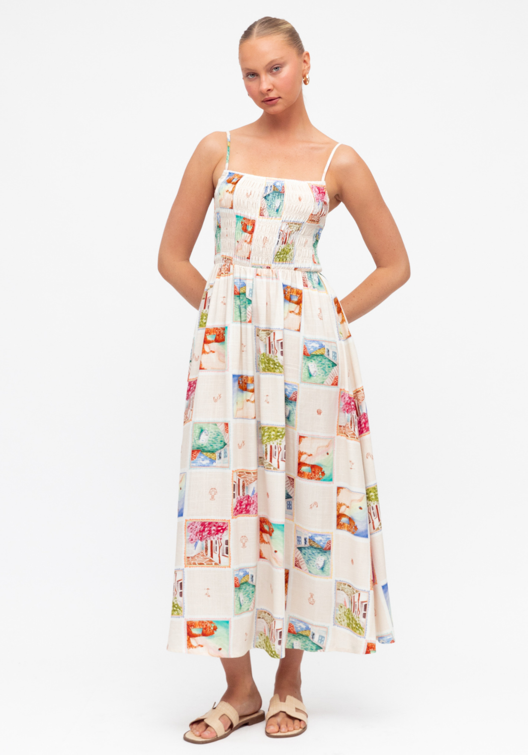 REMINI SHIRRED BODICE MAXI DRESS - POSTCARD PRINT