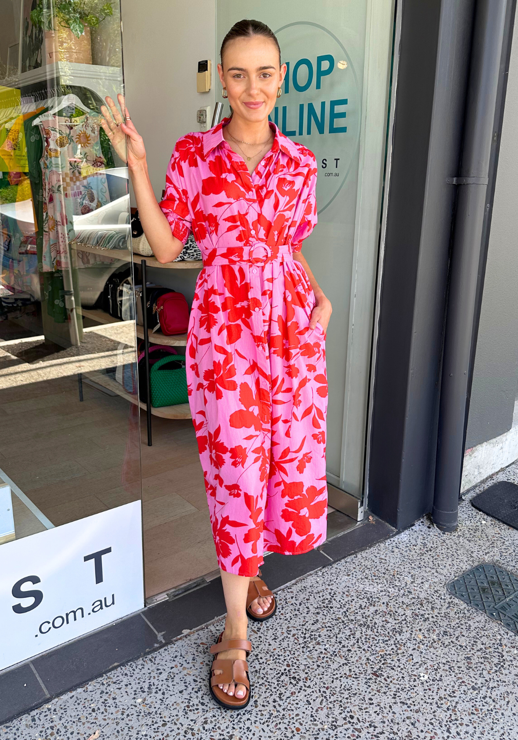 AVERY MIDI SHIRT DRESS - RED & PINK PRINT