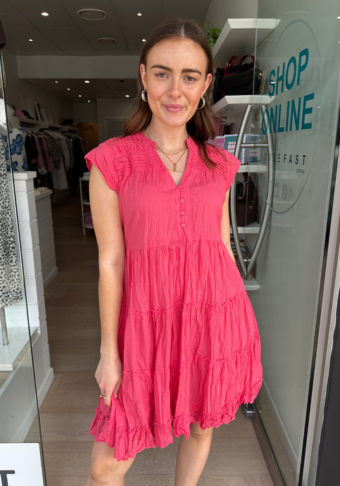 LULALIFE SHAYNA TIERED COTTON DRESS - GERANIUM
