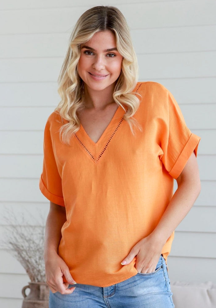 Load image into Gallery viewer, CARNIVAL LINEN V NECK TOP - MANGO