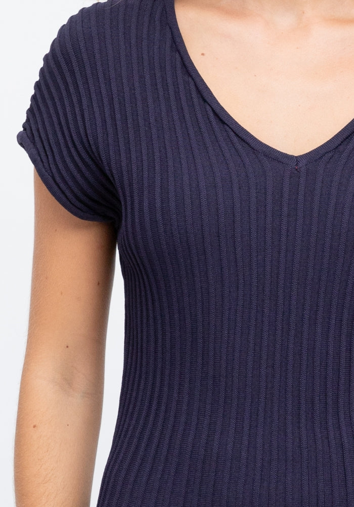 Load image into Gallery viewer, CAPRI RIBBED V NECK TOP - NAVY