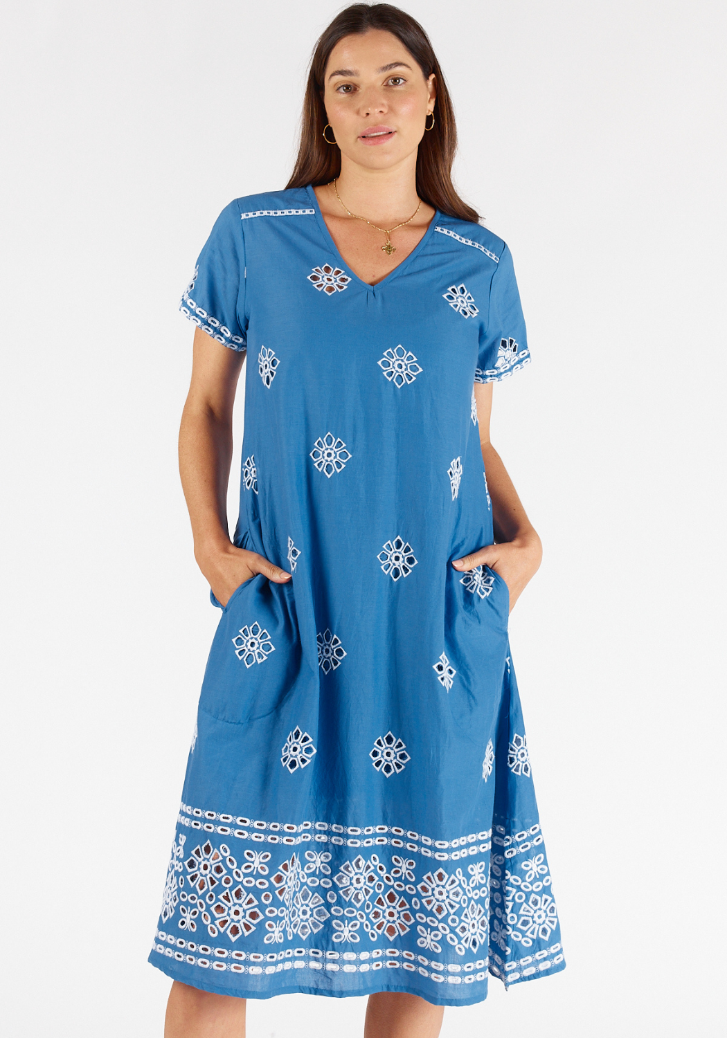 LULA SOUL COTTON ST LUCIA DRESS - BLUE ANGLAISE