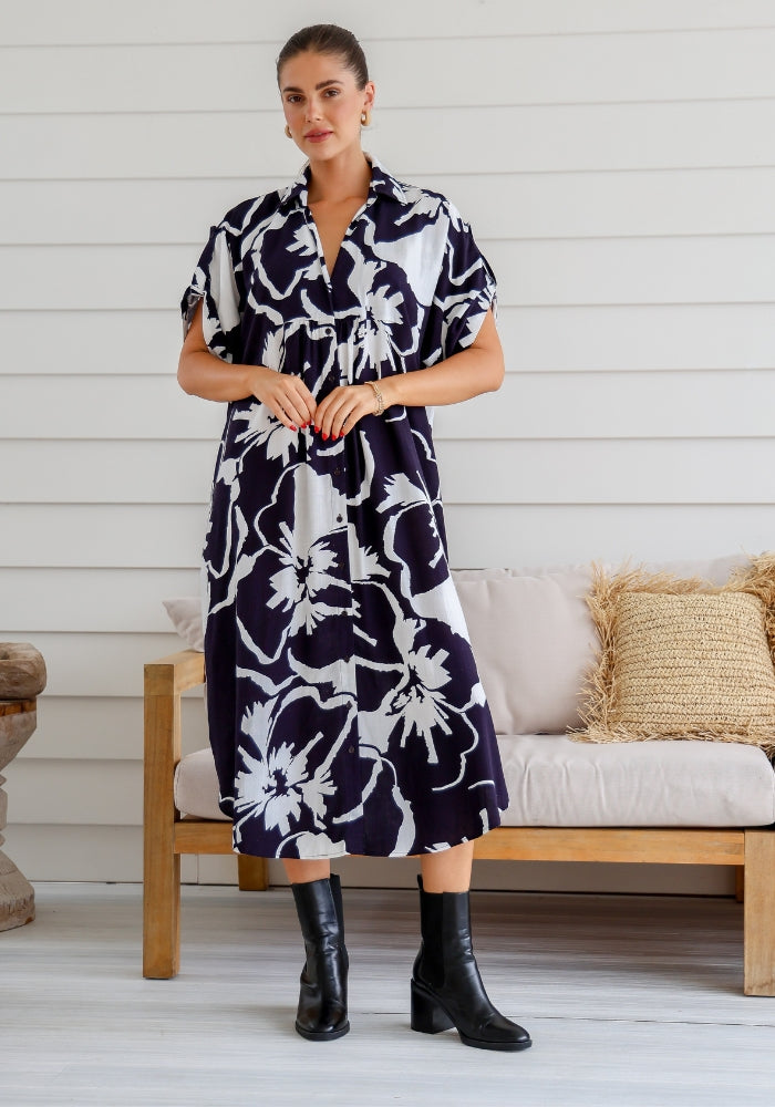 Load image into Gallery viewer, MELODY SHIRTDRESS - NAVY FLORAL