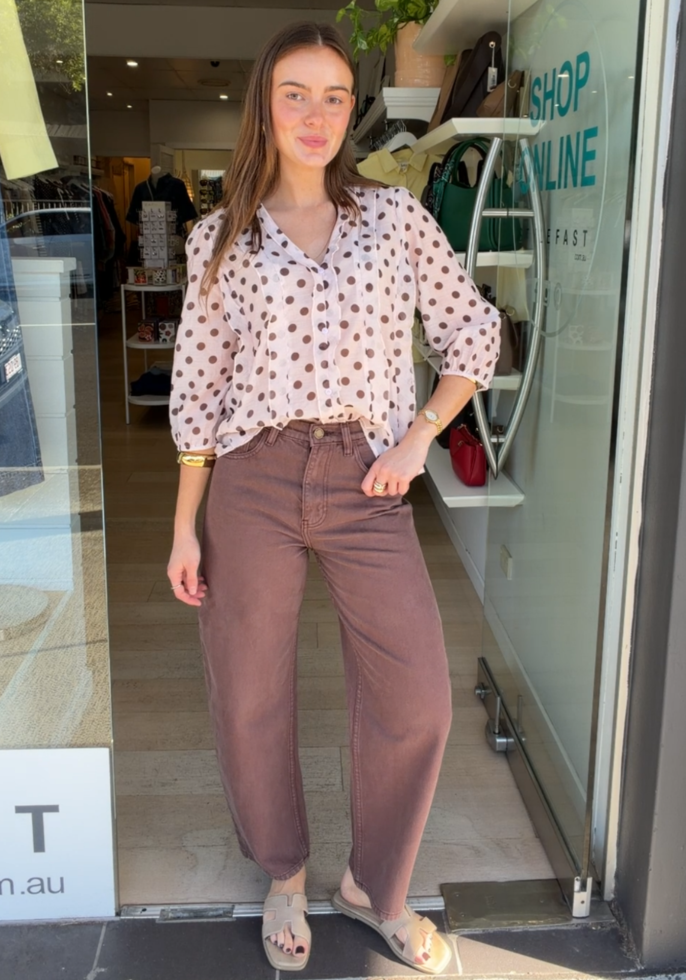 PHOEBE BLOUSE - PINK/ CHOCOLATE SPOT