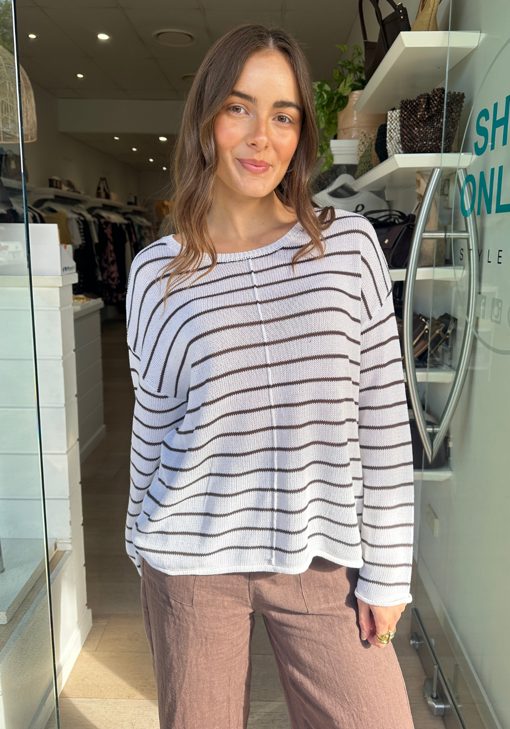 INDI LIGHTWEIGHT L/S KNIT TOP - CHOCOLATE/WHITE STRIPE