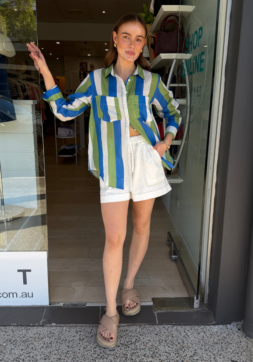 SHAE LINEN SHIRT - BLUE/GREEN STRIPE