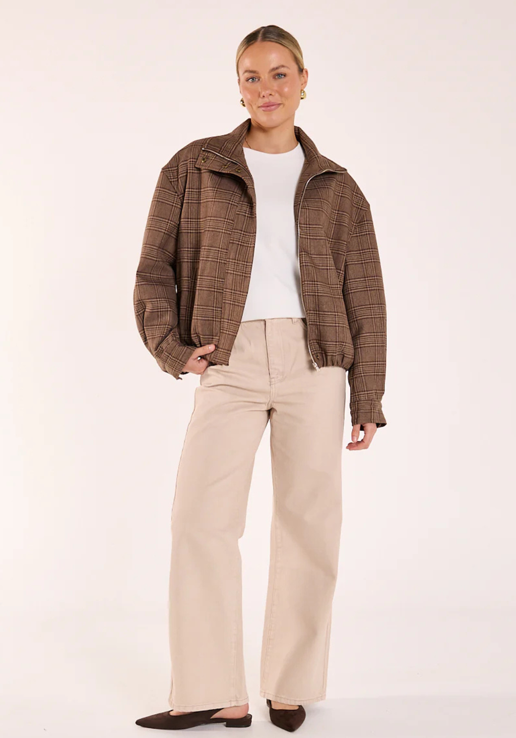 FEATHER + NOISE MEGAN BOMBER - BROWN CHECK