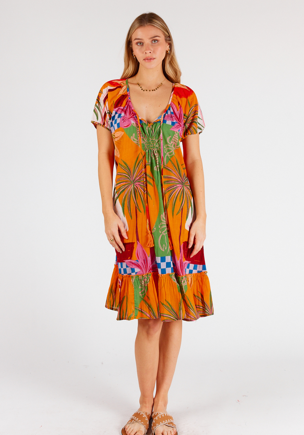 LULALIFE VIVIEN COTTON SHIRRED DRESS - MULTI