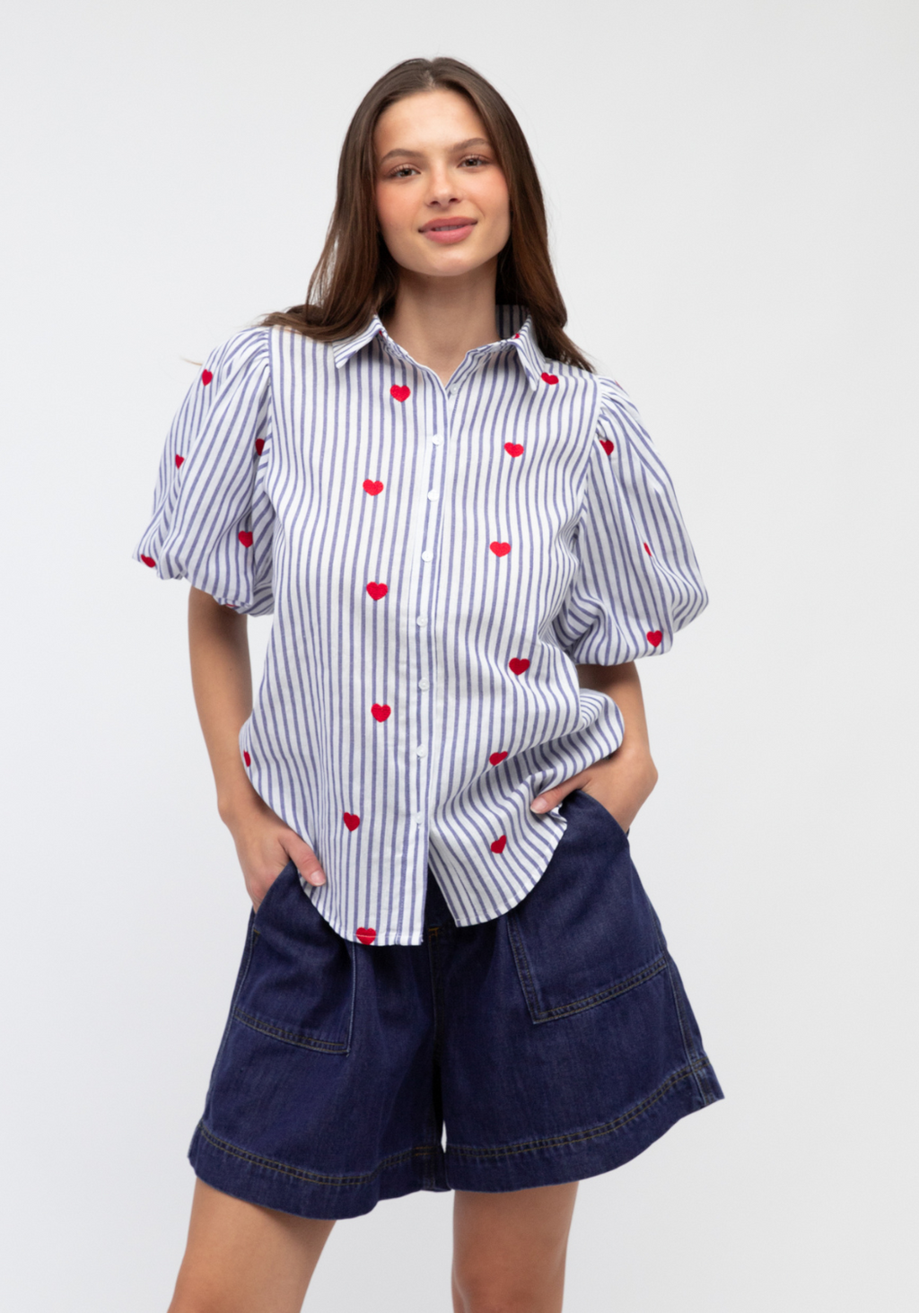 CARMEN BUTTON THROUGH BLOUSE - BLUE STRIPE
