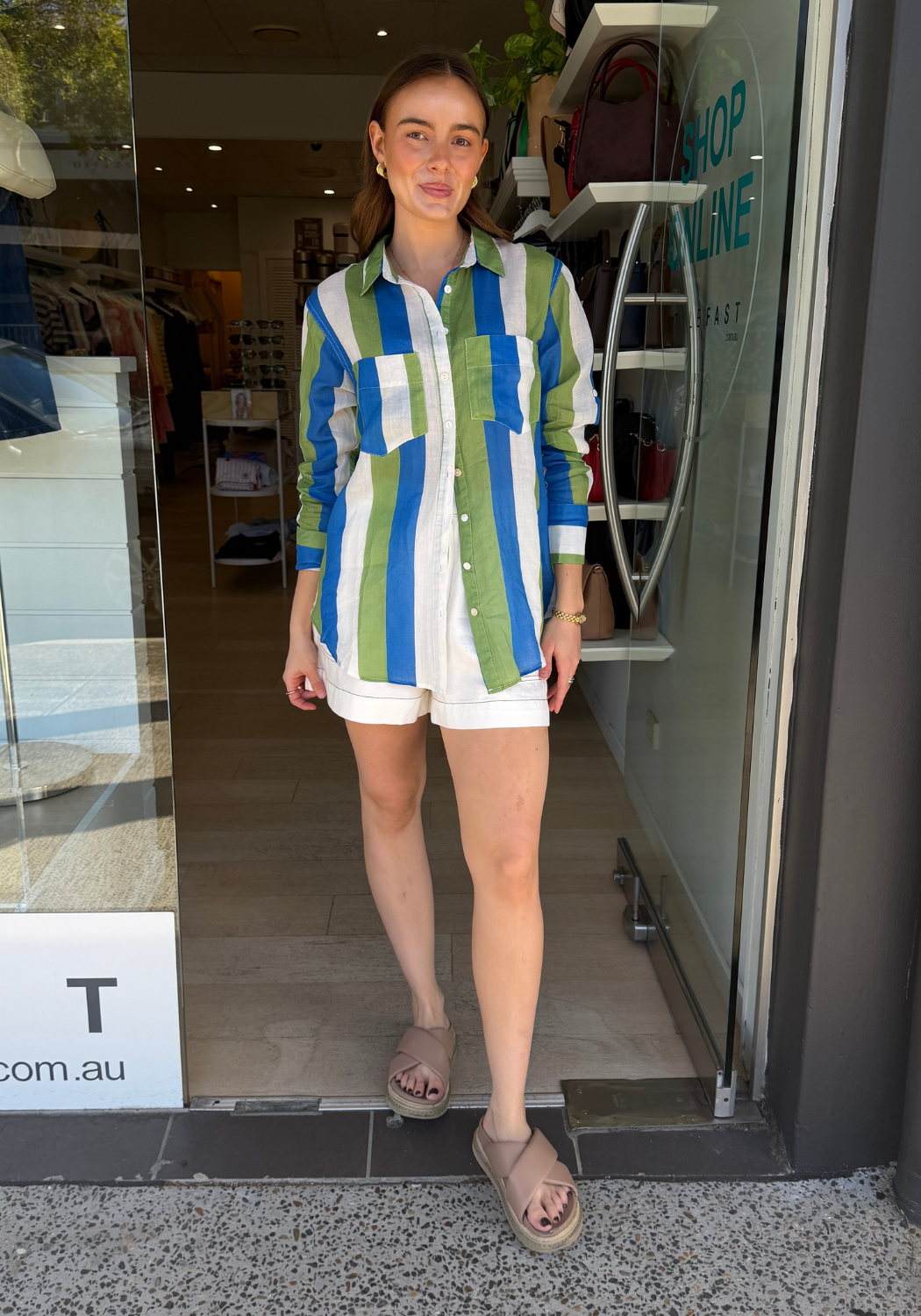 SHAE LINEN SHIRT - BLUE/GREEN STRIPE