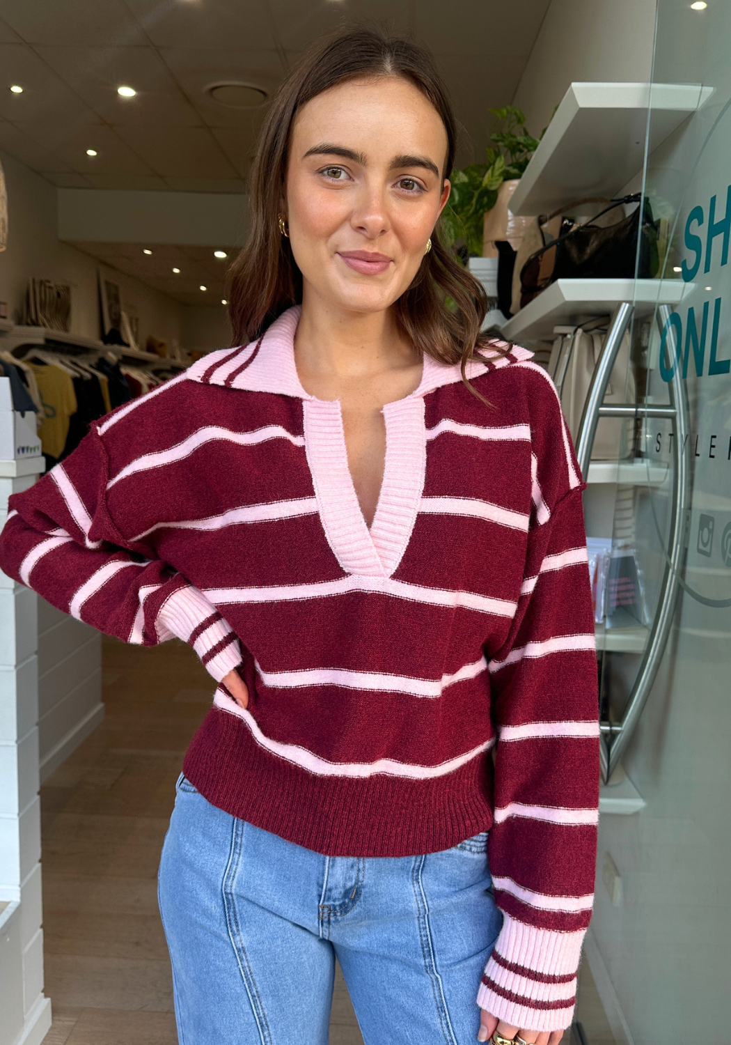 GREER COLLARED KNIT - BURGUNDY/PINK