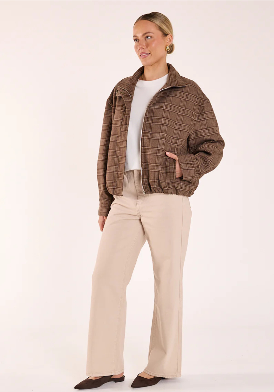 FEATHER + NOISE MEGAN BOMBER - BROWN CHECK