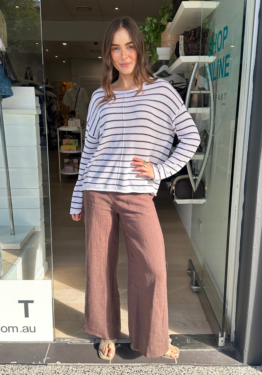 INDI LIGHTWEIGHT L/S KNIT TOP - CHOCOLATE/WHITE STRIPE