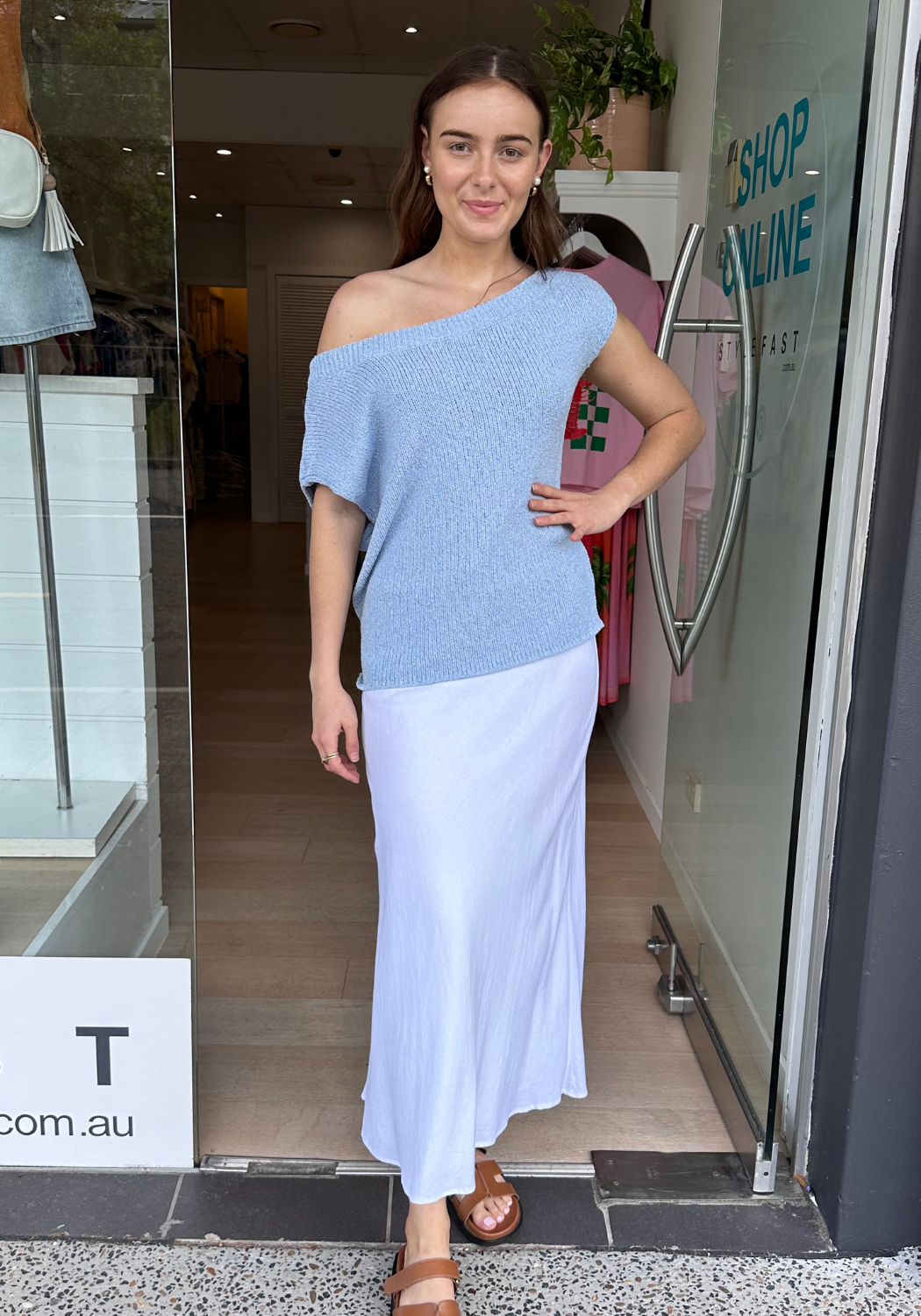 MADISON OFF THE SHOULDER KNIT TOP - SKY BLUE