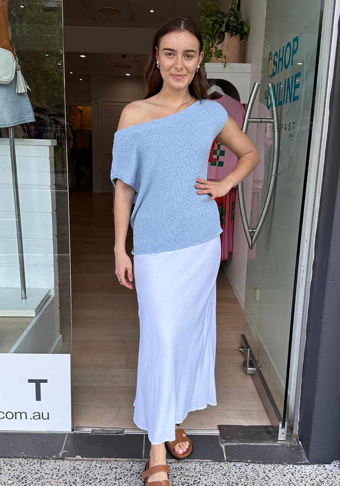 MADISON OFF THE SHOULDER KNIT TOP - SKY BLUE