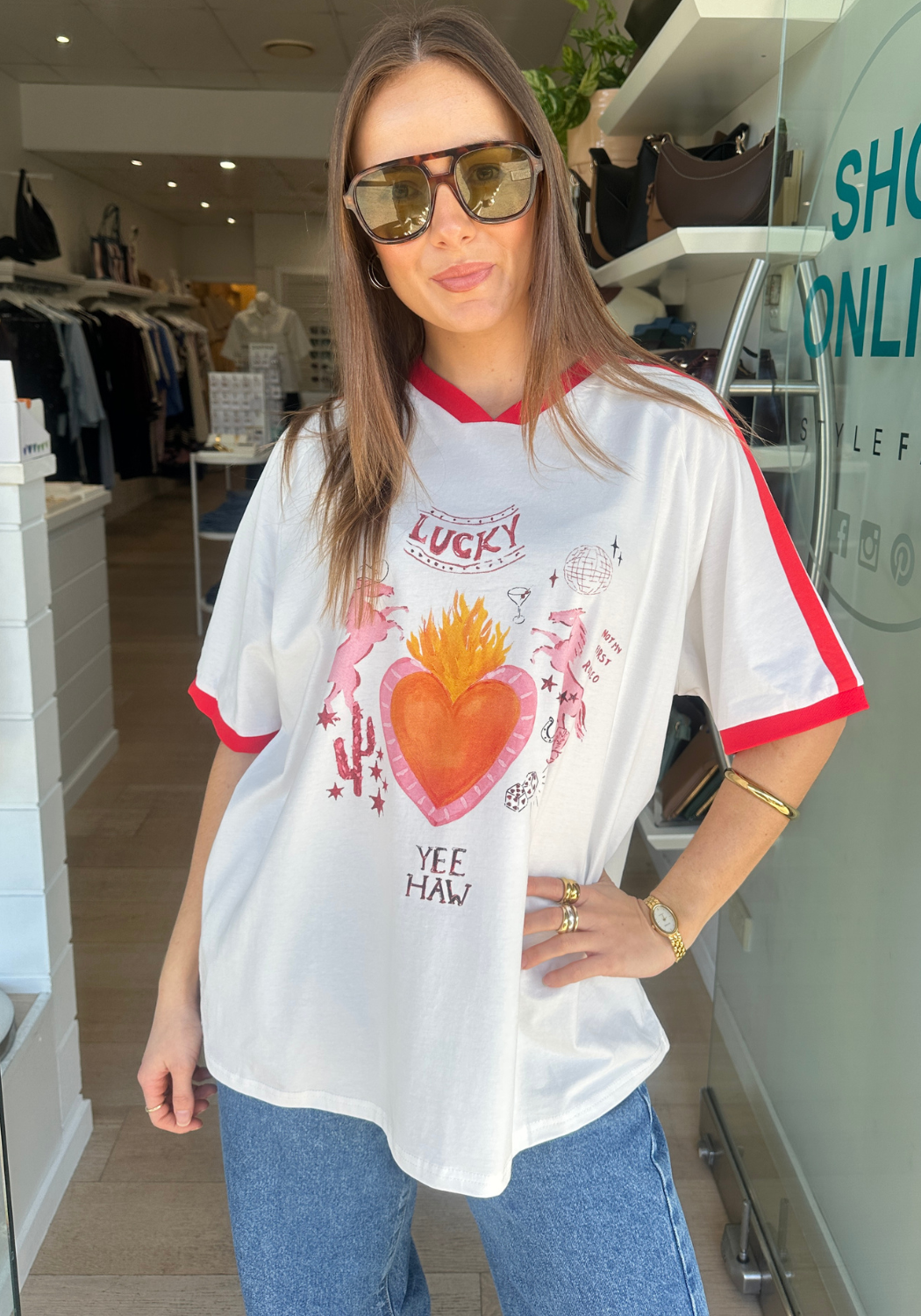 BY FRANKIE V NECK LUCKY YEE HAW OVERSIZED TEE - WHITE/RED