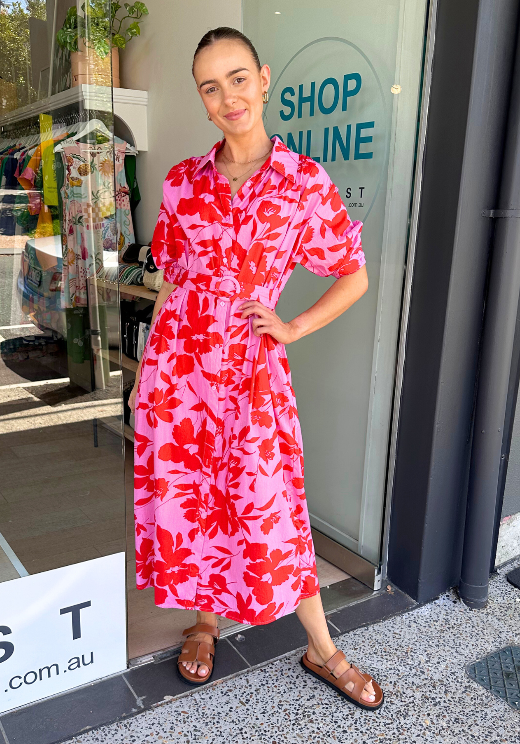 AVERY MIDI SHIRT DRESS - RED & PINK PRINT