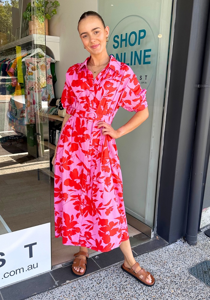 Load image into Gallery viewer, AVERY MIDI SHIRT DRESS - RED &amp; PINK PRINT