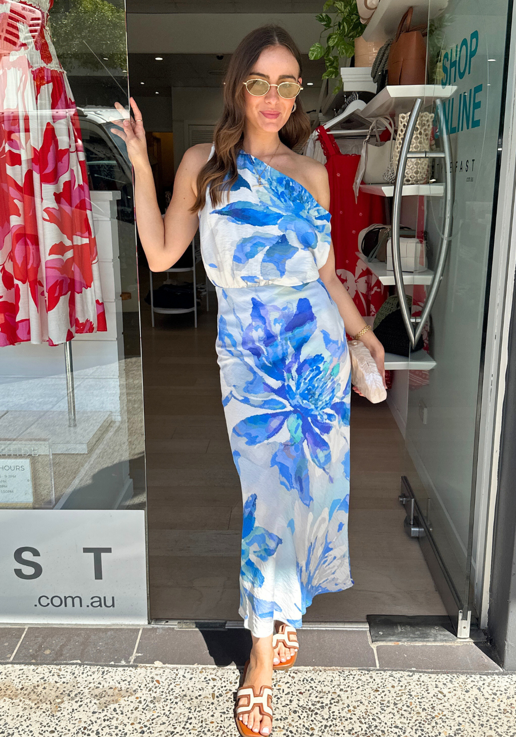 CASSIA OFF THE SHOULDER MIDI DRESS - BLUE PRINT