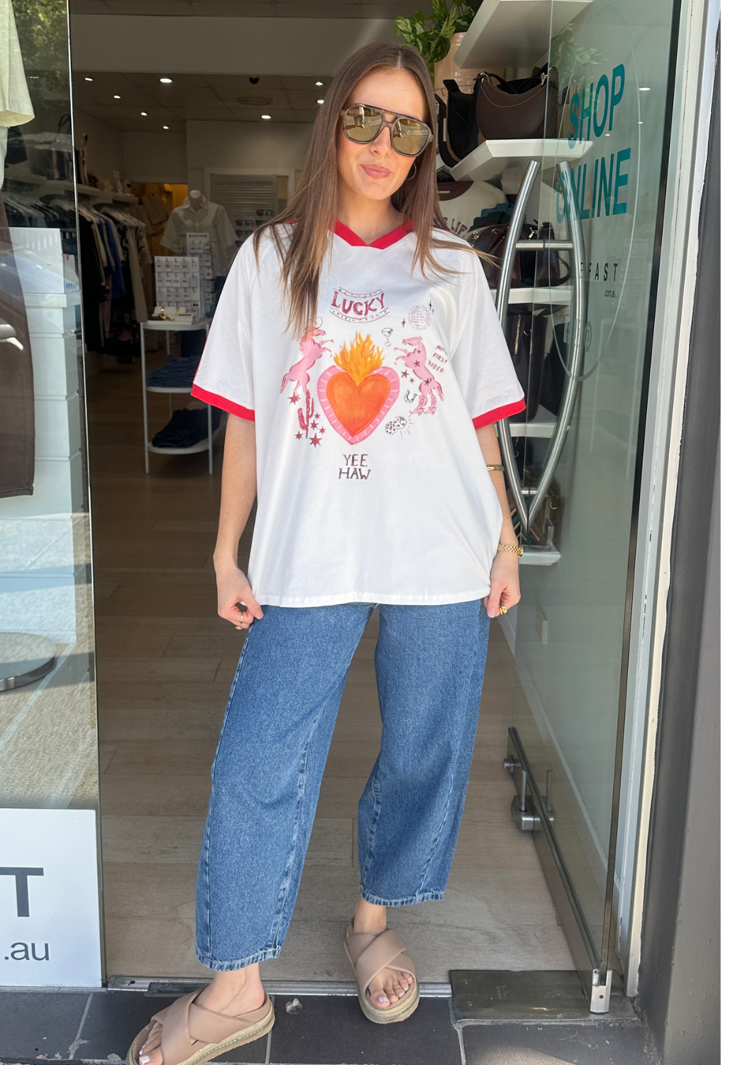 BY FRANKIE V NECK LUCKY YEE HAW OVERSIZED TEE - WHITE/RED