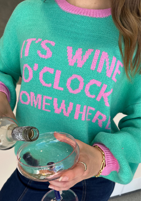 IT'S WINE O'CLOCK SOMEWHERE KNIT - MINT & PINK