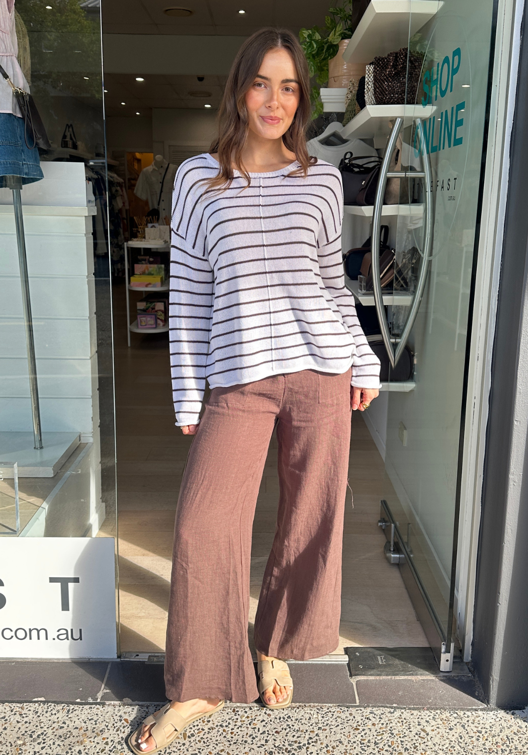 INDI LIGHTWEIGHT L/S KNIT TOP - CHOCOLATE/WHITE STRIPE