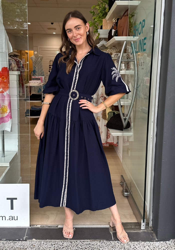 KELANI MAXI SHIRTDRESS - NAVY EMBROIDERY