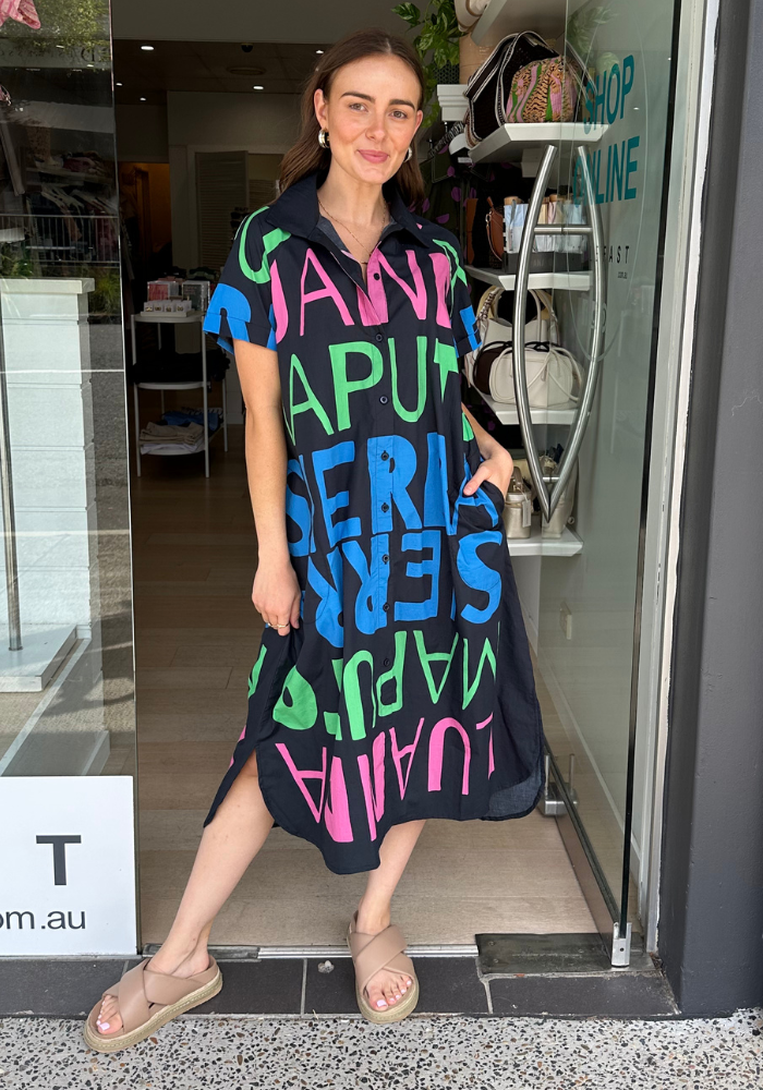 ITAMI SIERRA BUTTON DRESS - NAVY PRINT