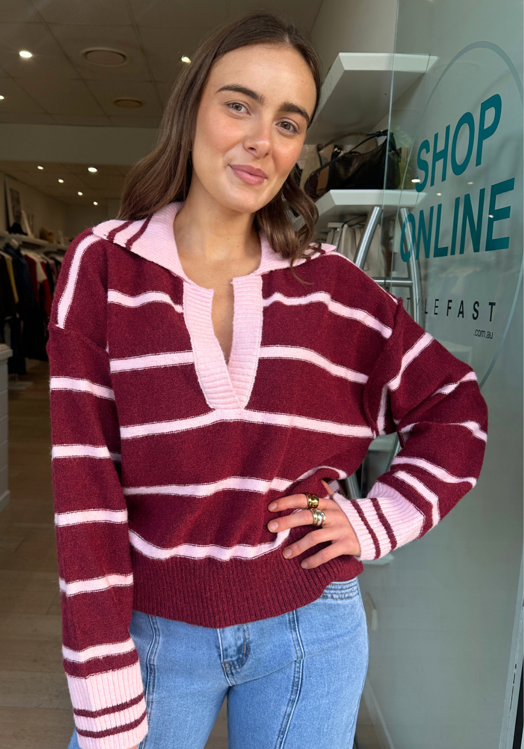 GREER COLLARED KNIT - BURGUNDY/PINK