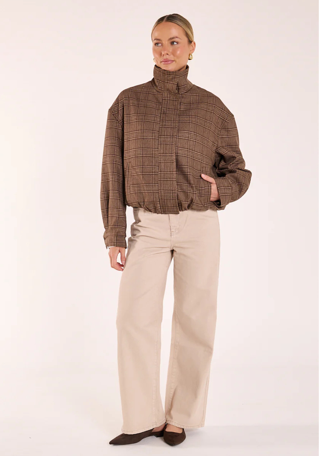 FEATHER + NOISE MEGAN BOMBER - BROWN CHECK