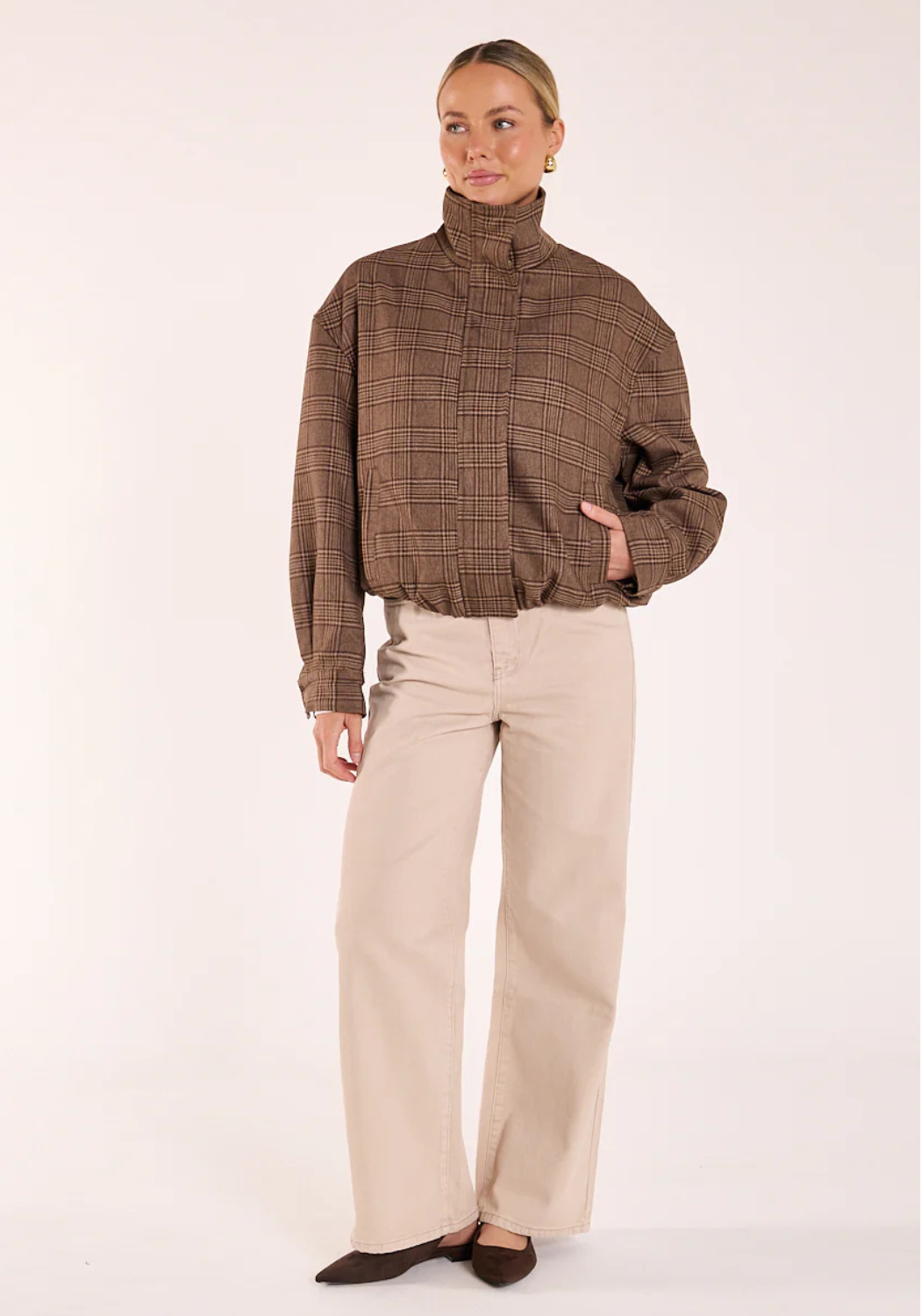 FEATHER + NOISE MEGAN BOMBER - BROWN CHECK