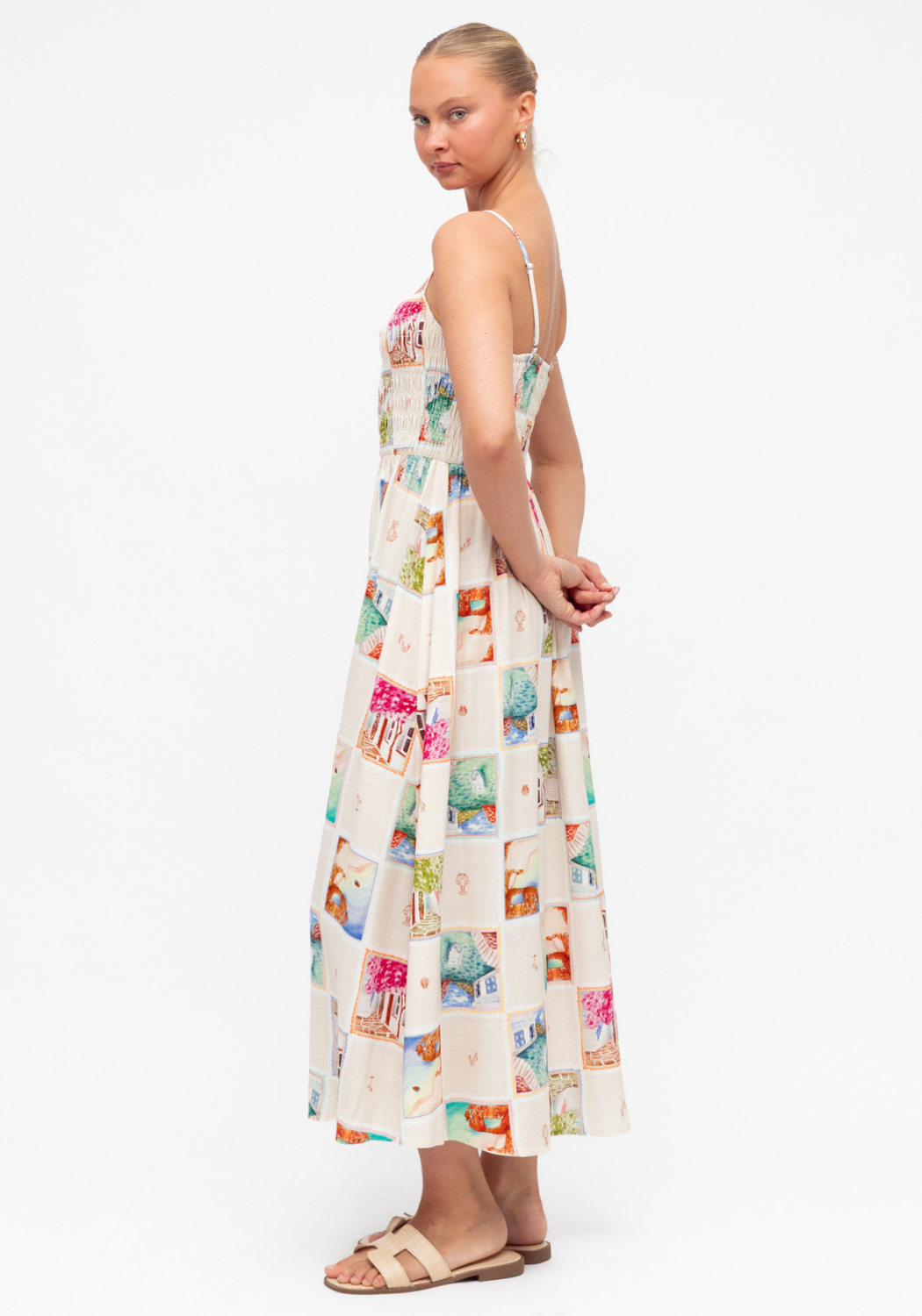 REMINI SHIRRED BODICE MAXI DRESS - POSTCARD PRINT