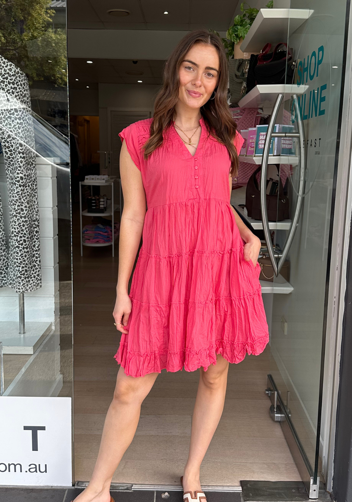 LULALIFE SHAYNA TIERED COTTON DRESS - GERANIUM