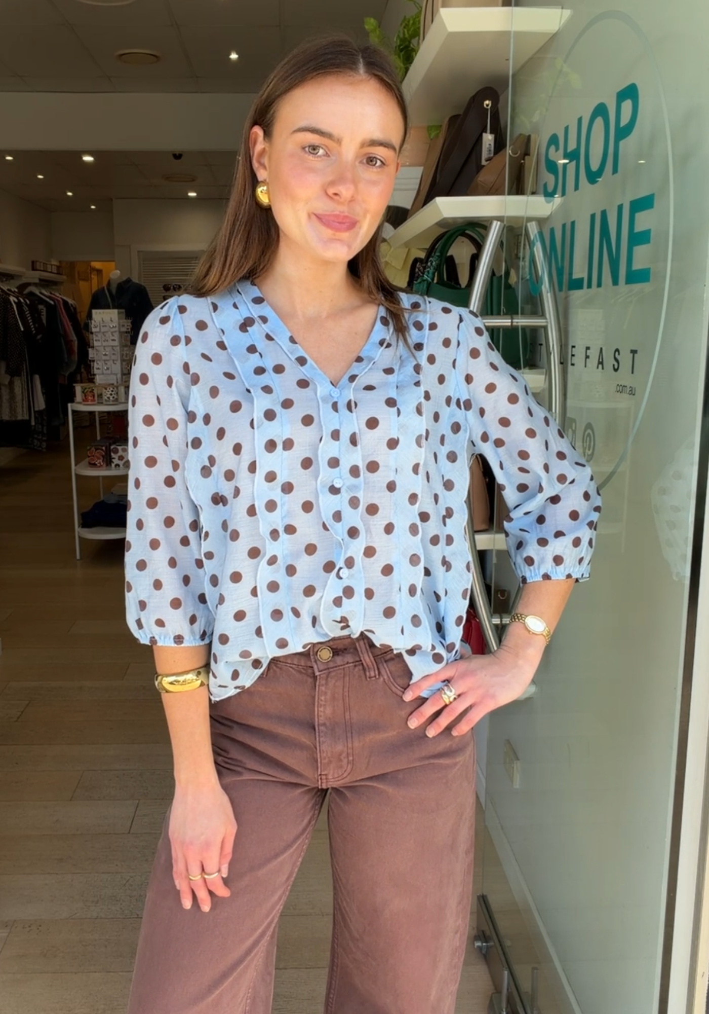 PHOEBE BLOUSE - BLUE/ CHOCOLATE SPOT