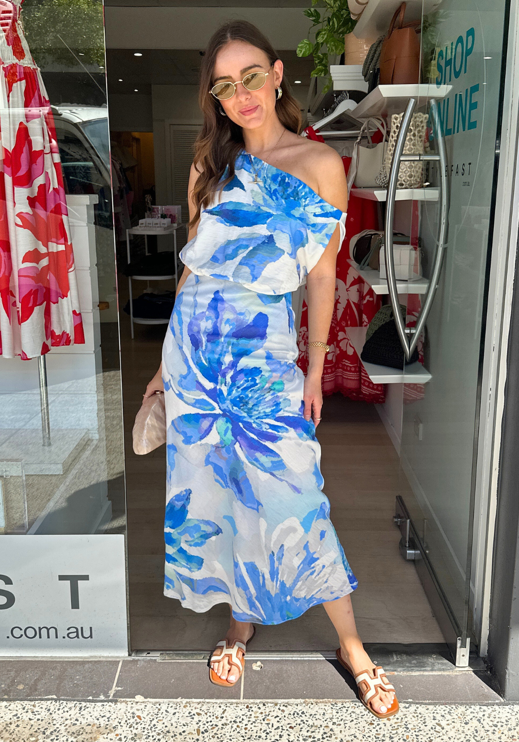 CASSIA OFF THE SHOULDER MIDI DRESS - BLUE PRINT