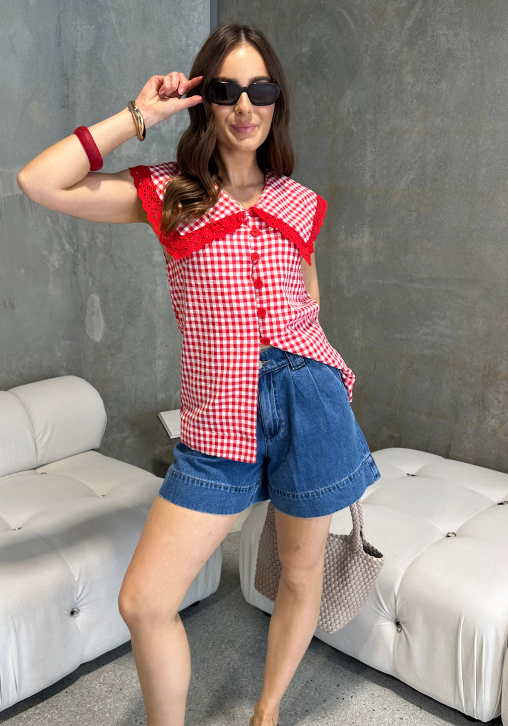 ABIGAIL PETER PAN COLLAR TOP - RED GINGHAM