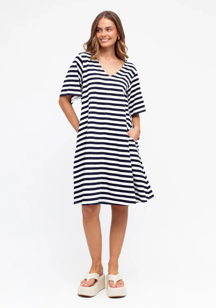 RENEE A LINE TEE SHIRT DRESS - NAVY STRIPE